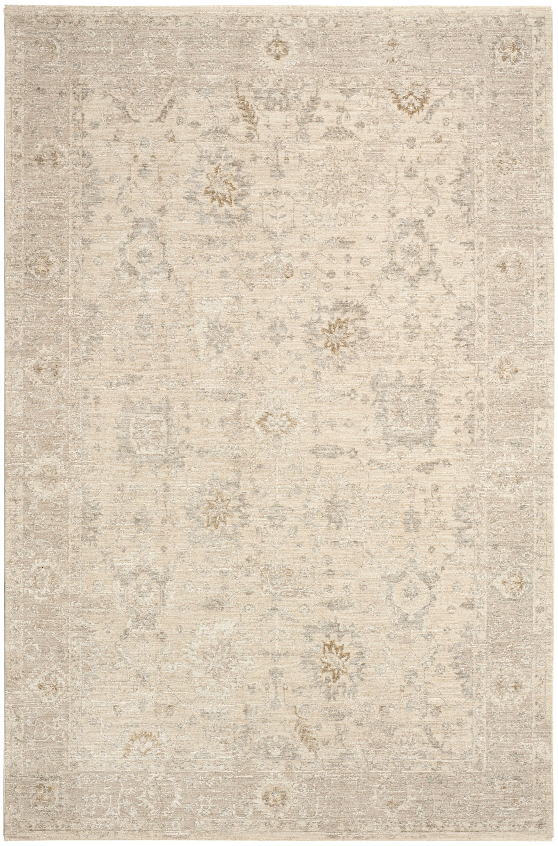 Beige distressed oriental area rug with muted gray motifs and worn border, warm neutral tones.