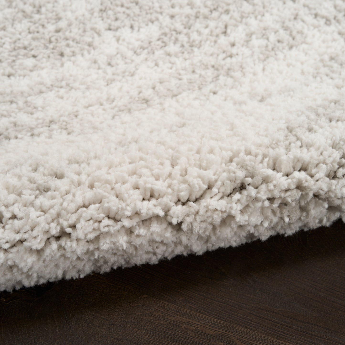 Cream shag rug with dense fluffy pile on dark hardwood floor; cozy modern area rug.