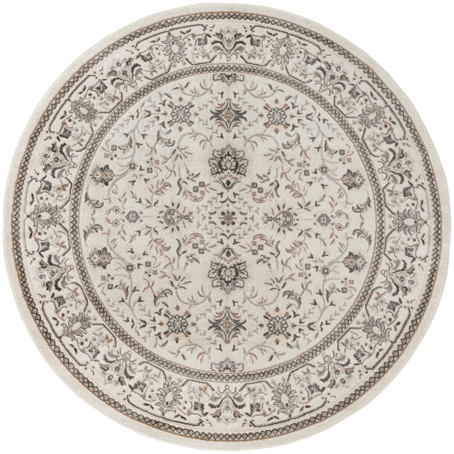 Round cream-beige oriental rug with taupe floral medallion and scroll border; versatile living room accent.