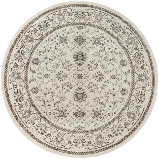 Round cream-beige oriental rug with taupe floral medallion and scroll border; versatile living room accent.