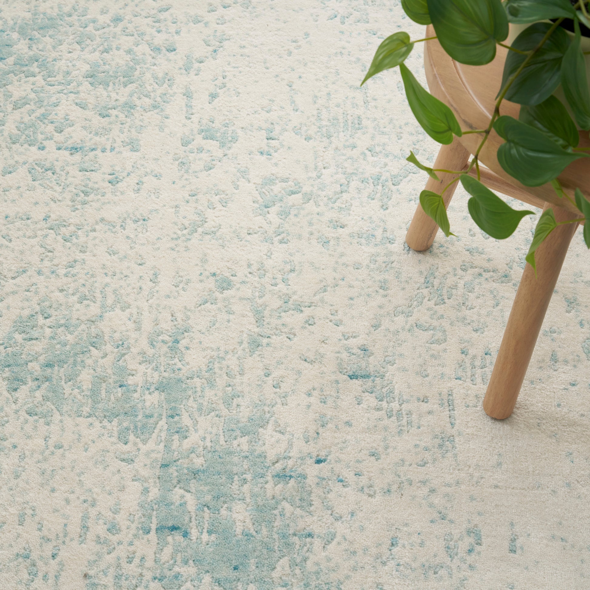 Distressed light blue rug with cream pattern, next to a wooden plant stand with a green leafy plant.