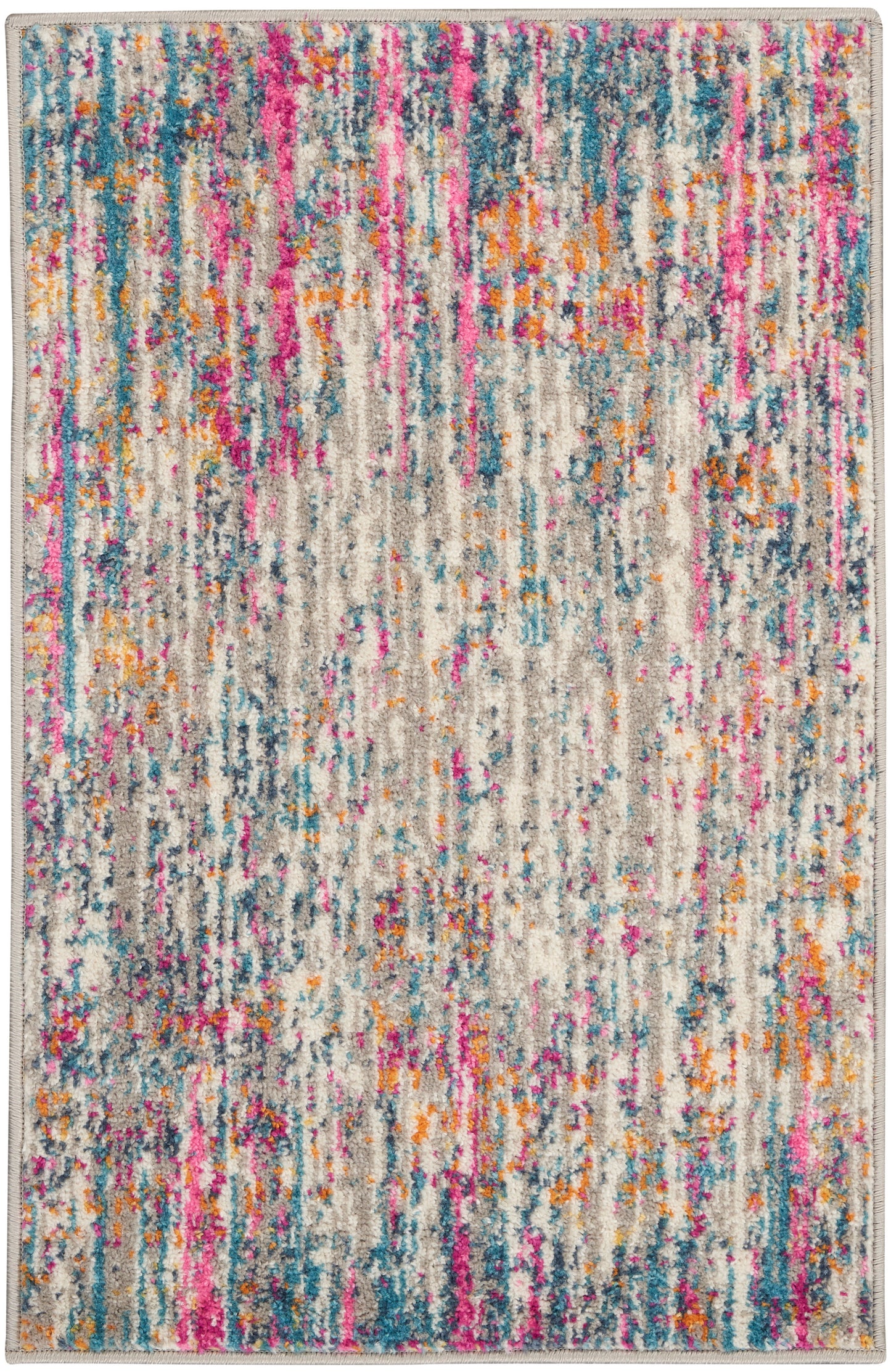 Abstract multicolor rug with cream base and pink, teal, orange, purple streaks; modern, textured weave, 2' x 3'.