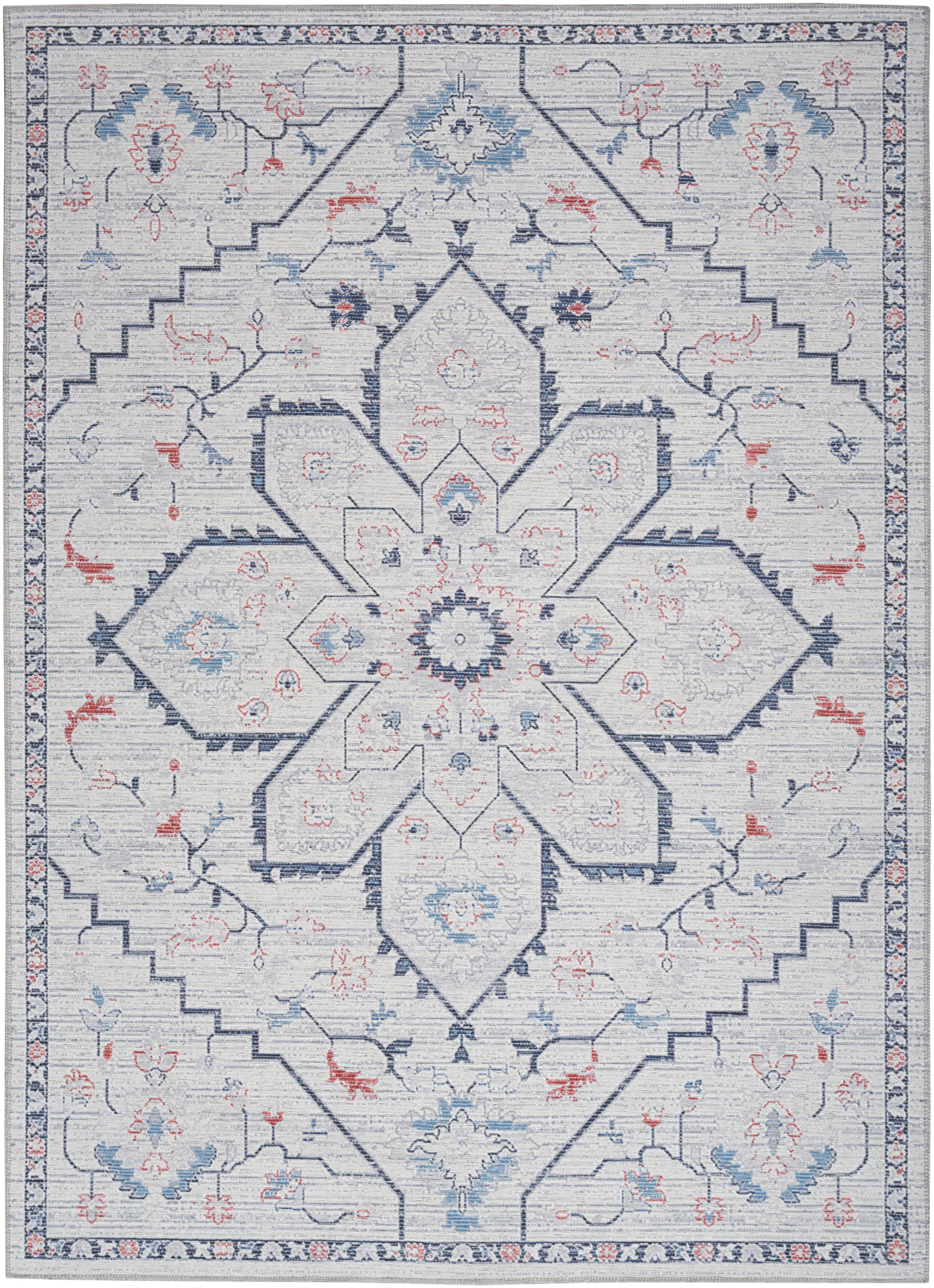 Soft blue-gray oriental rug with a large navy central medallion, red and pale blue florals, and a decorative border.