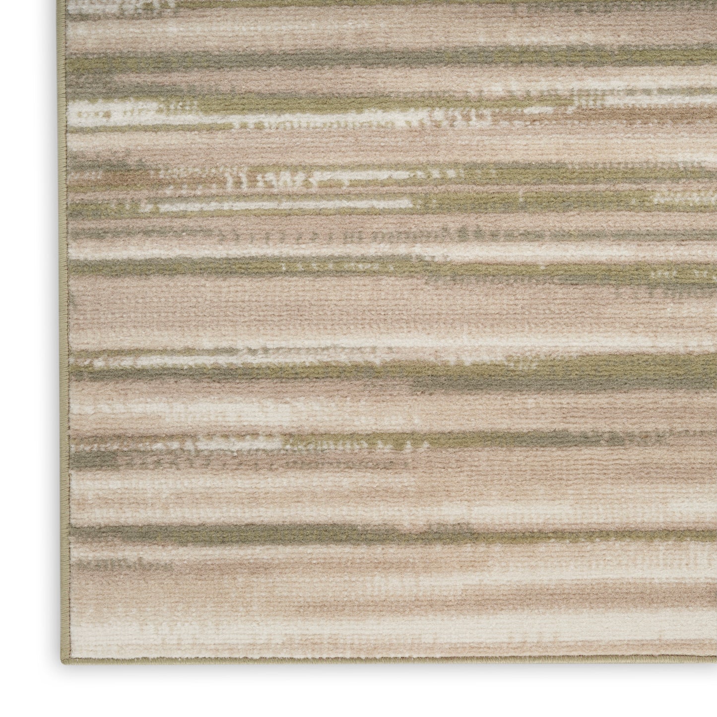 Neutral striped area rug with cream, beige, taupe and olive horizontal bands; plush textured surface.