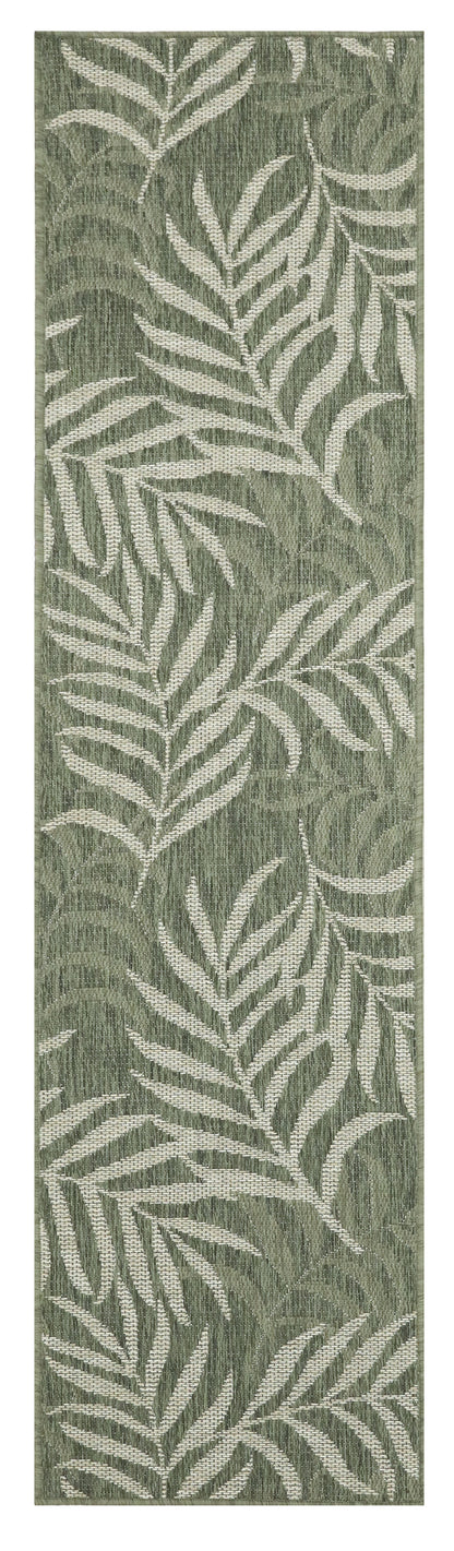Green botanical runner rug with white fern leaf motif; narrow woven hallway carpet.