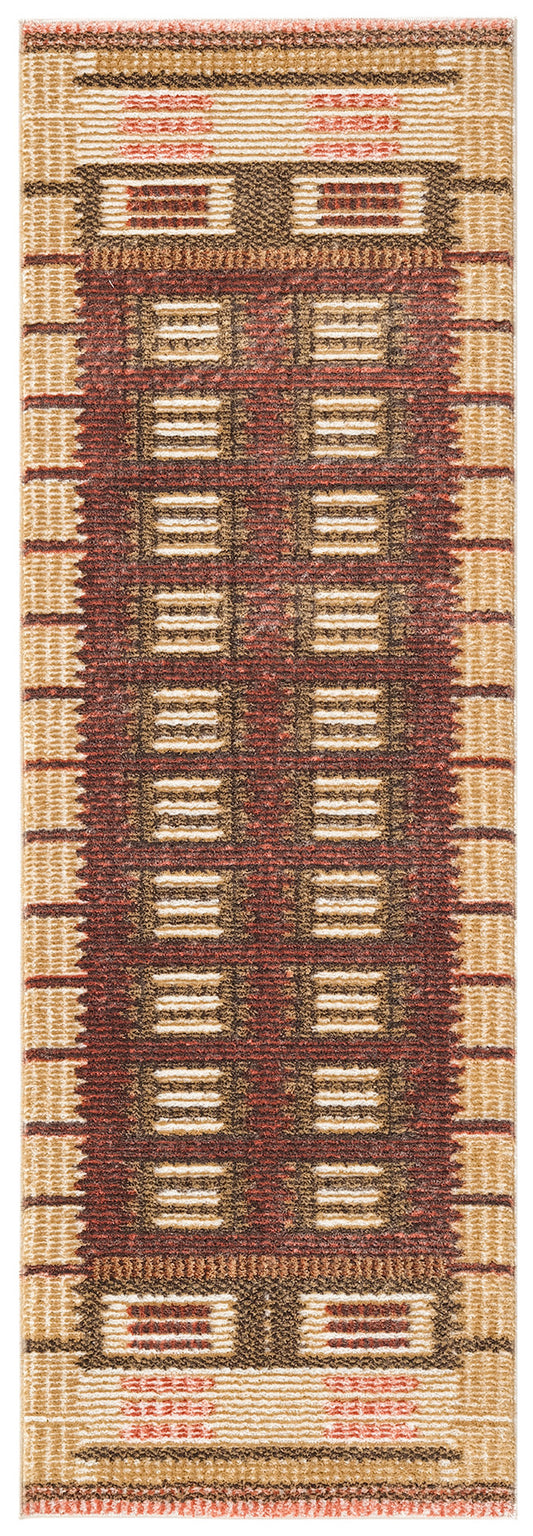 Rectangular woven shag runner rug in beige, tan, brown and rust with geometric tribal/kilim motif; hallway/entry use.
