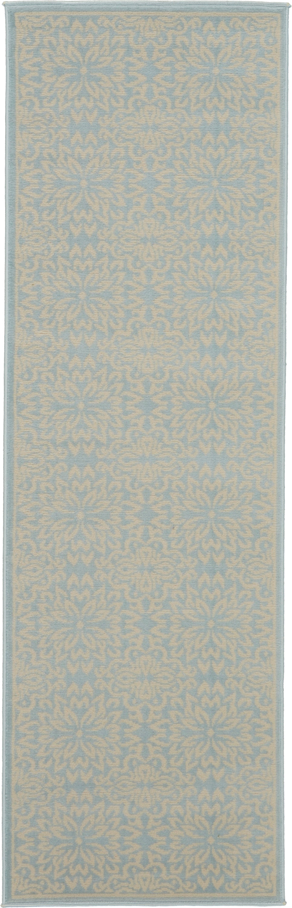 Blue runner rug with ivory damask pattern, woven texture, bordered edges; traditional damask style for hallway or entry.