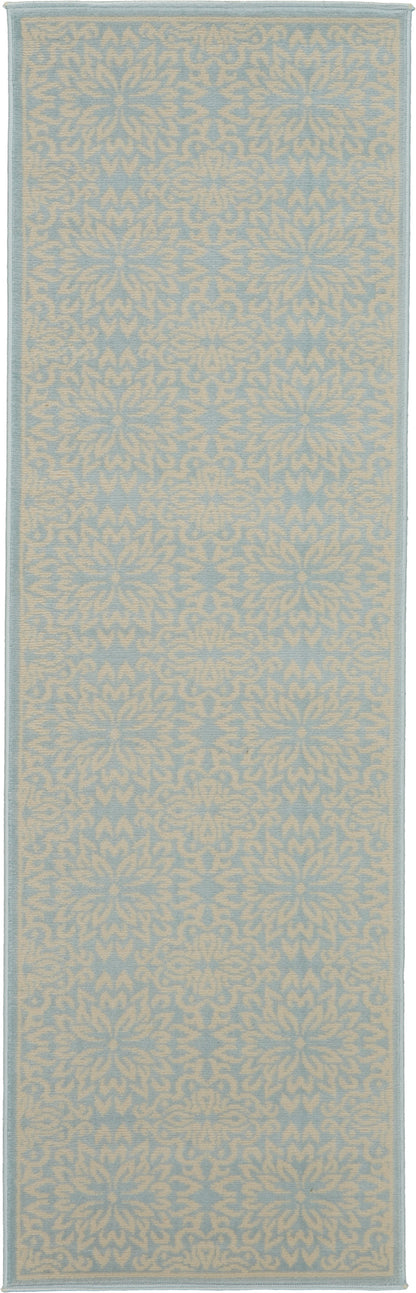 Blue runner rug with ivory damask pattern, woven texture, bordered edges; traditional damask style for hallway or entry.