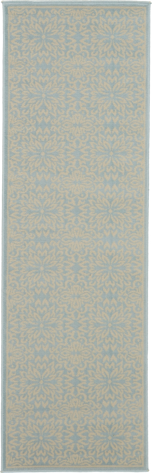 Blue runner rug with ivory damask pattern, woven texture, bordered edges; traditional damask style for hallway or entry.
