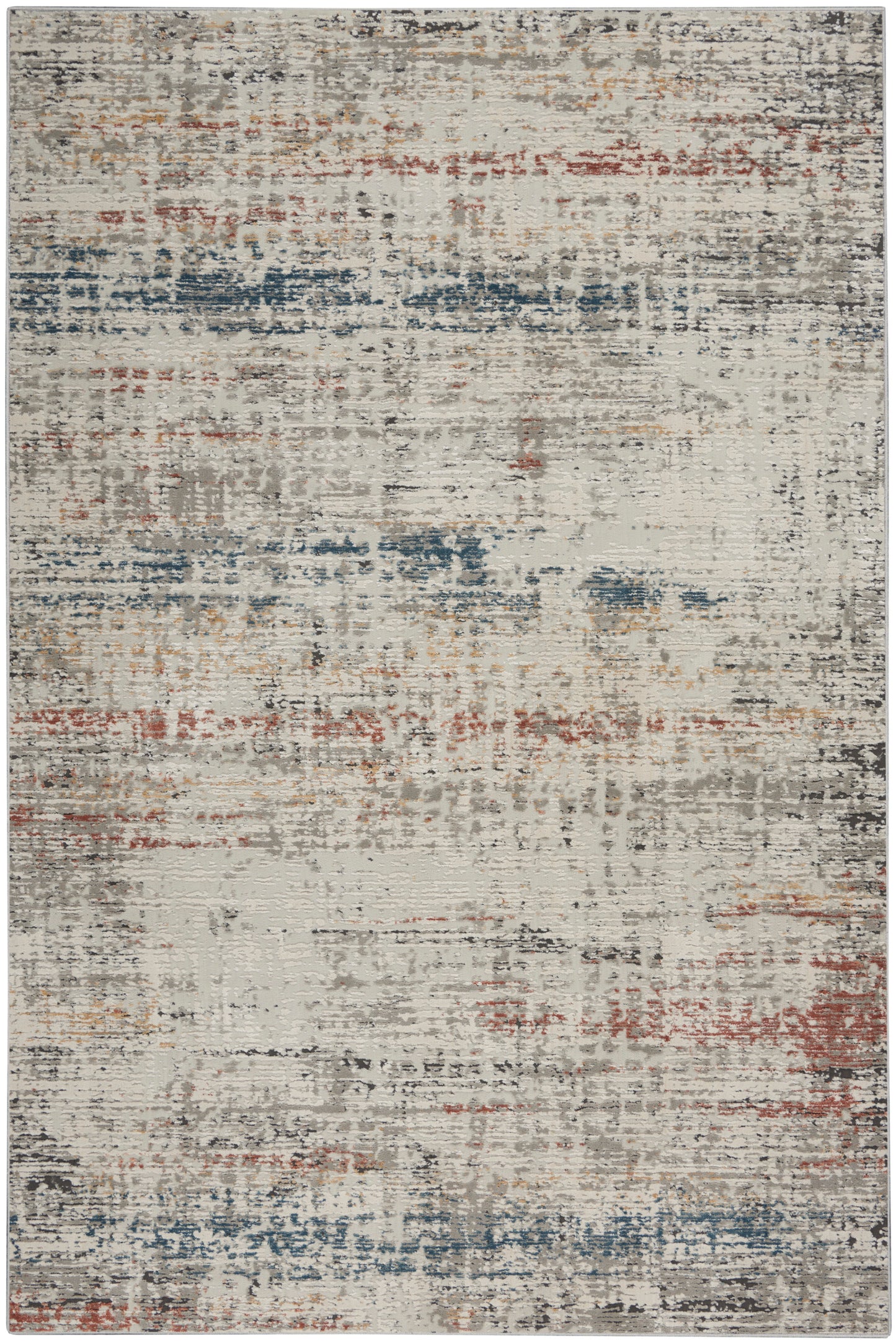 Rectangular area rug with an abstract, distressed pattern in beige base and blue, rust, gray brush-stroke accents.