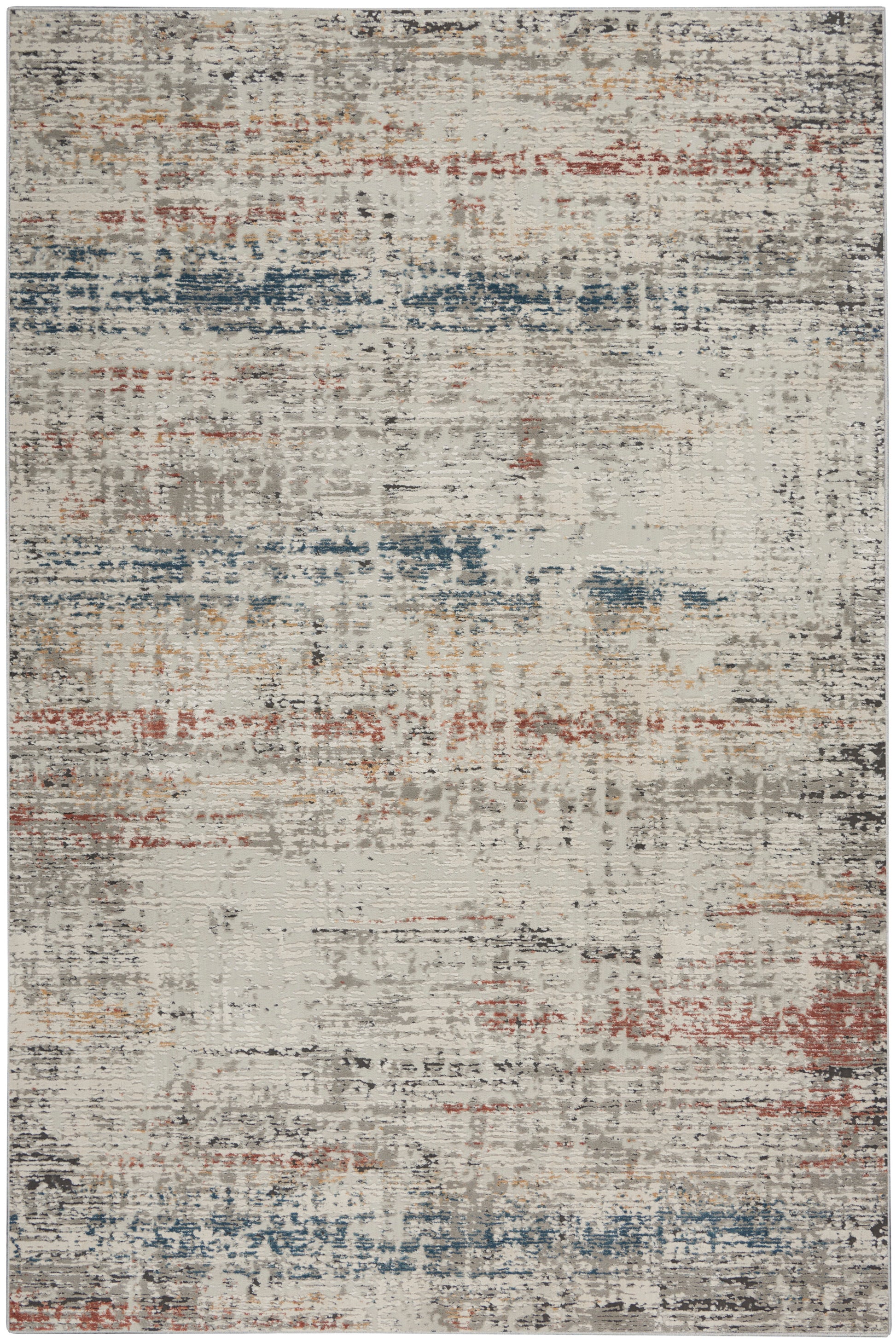 Rectangular area rug with an abstract, distressed pattern in beige base and blue, rust, gray brush-stroke accents.