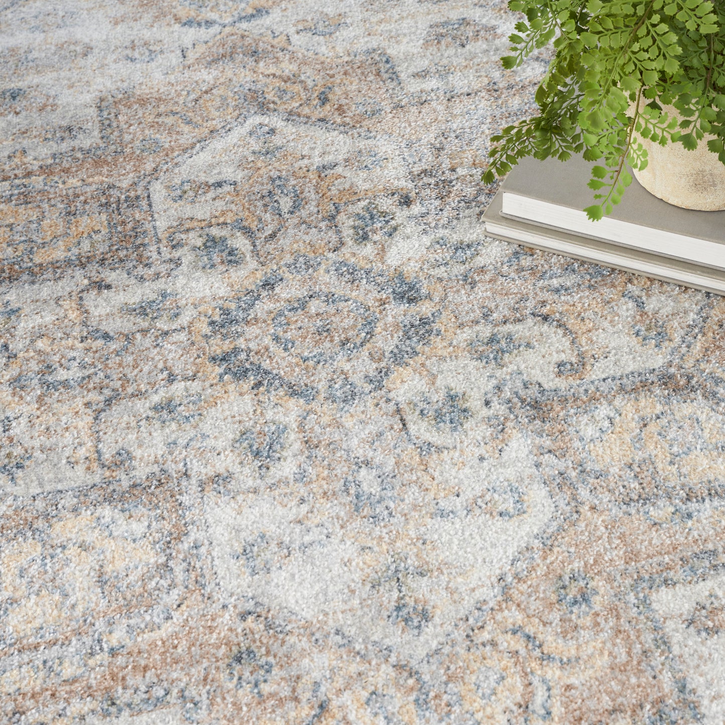 Patterned ivory and blue area rug with tan accents; a green fern sits atop a stack of books.