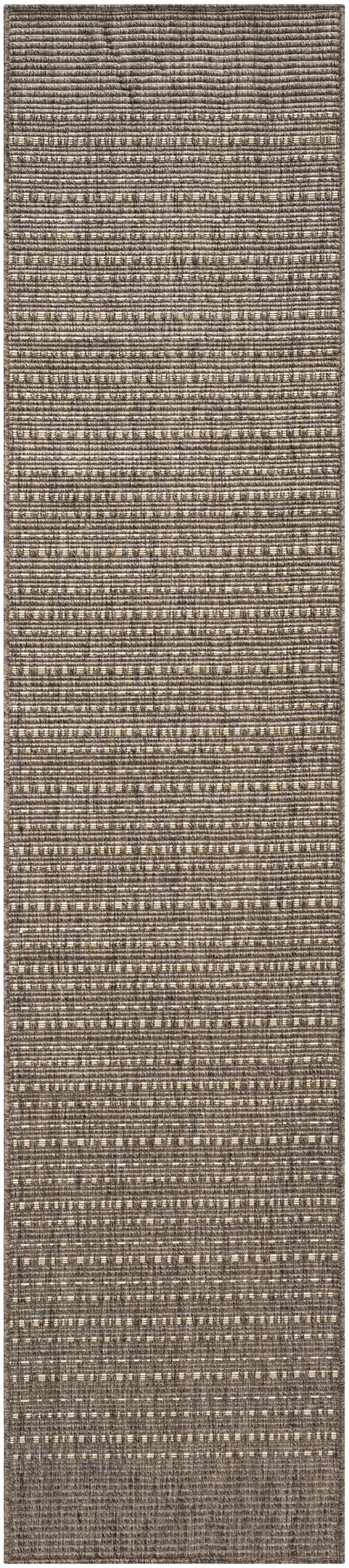 Long rectangular woven outdoor rug runner in brown and beige striped pattern; textured natural-fiber look for outdoor spaces.