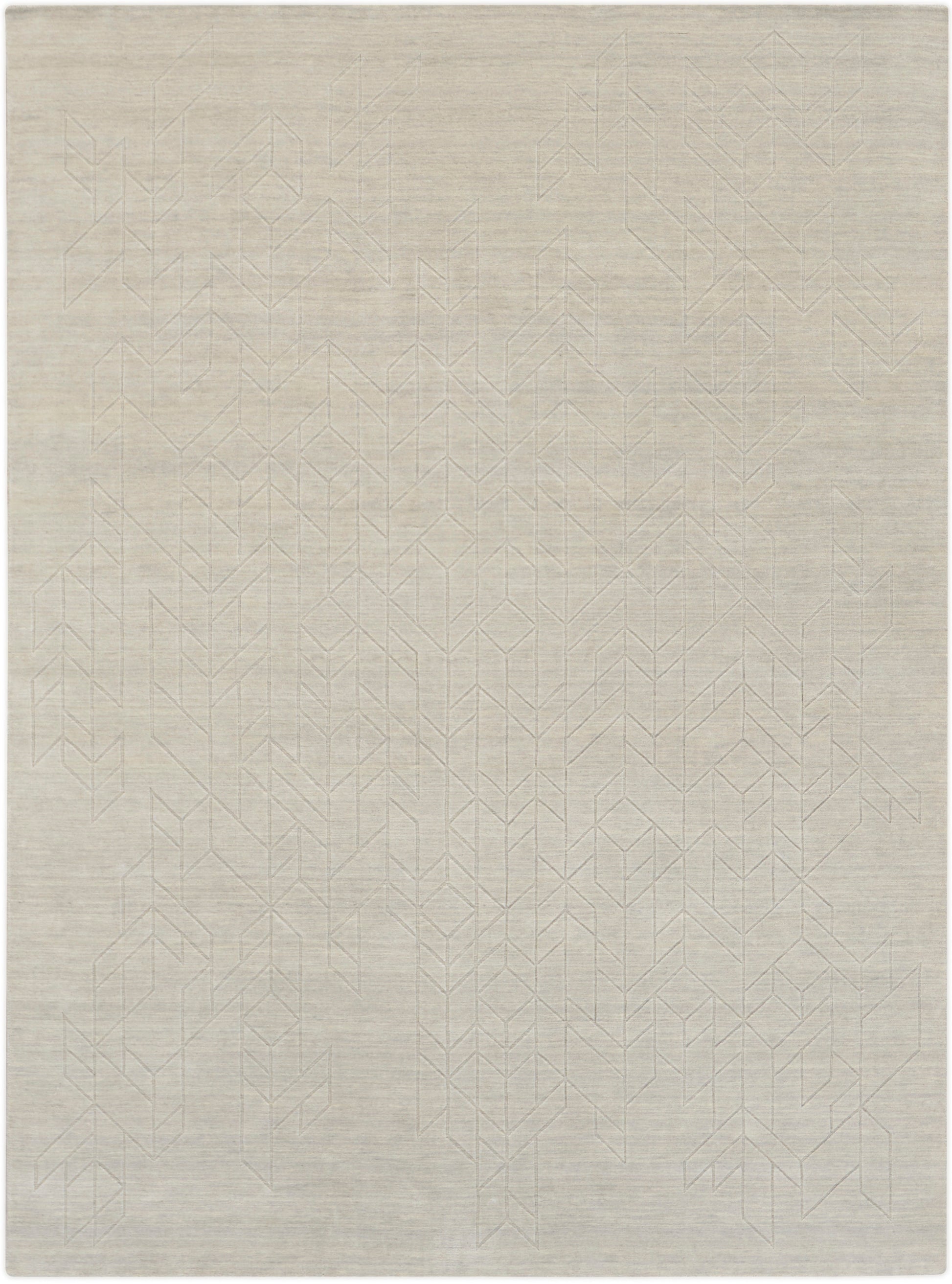Beige woven rug with subtle geometric chevron pattern; rectangular, soft neutral decor for living room or bedroom.