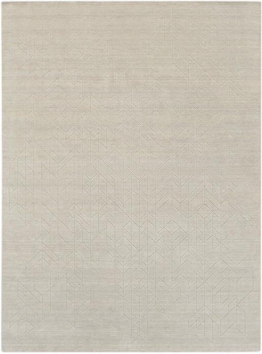 Beige woven rug with subtle geometric chevron pattern; rectangular, soft neutral decor for living room or bedroom.