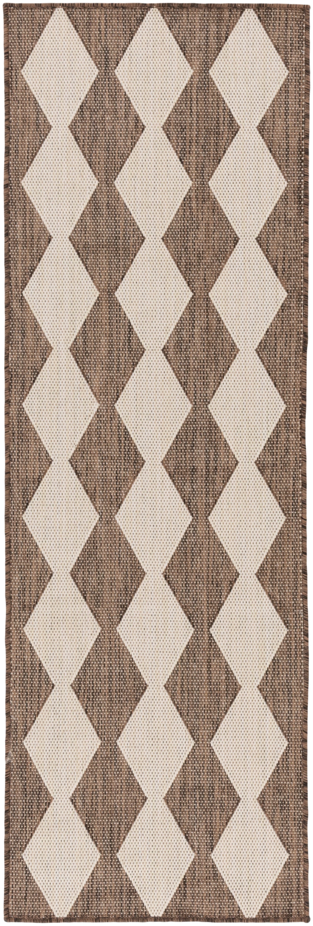 Long brown and cream diamond-pattern rug runner with a woven texture; neutral geometric decor for hallways or entryways.