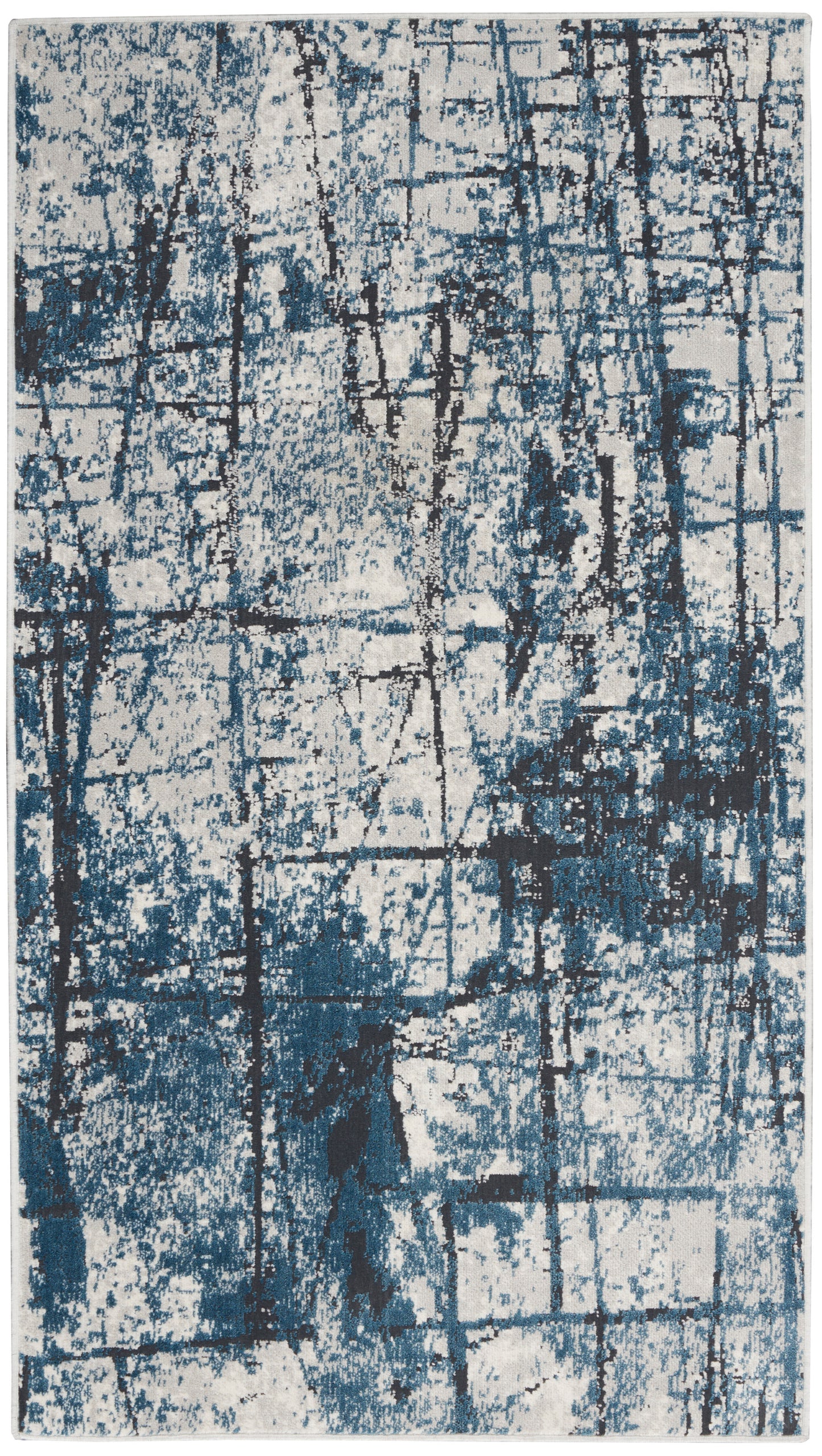 Rectangular abstract blue and ivory area rug with irregular grid pattern; modern geometric floor covering.