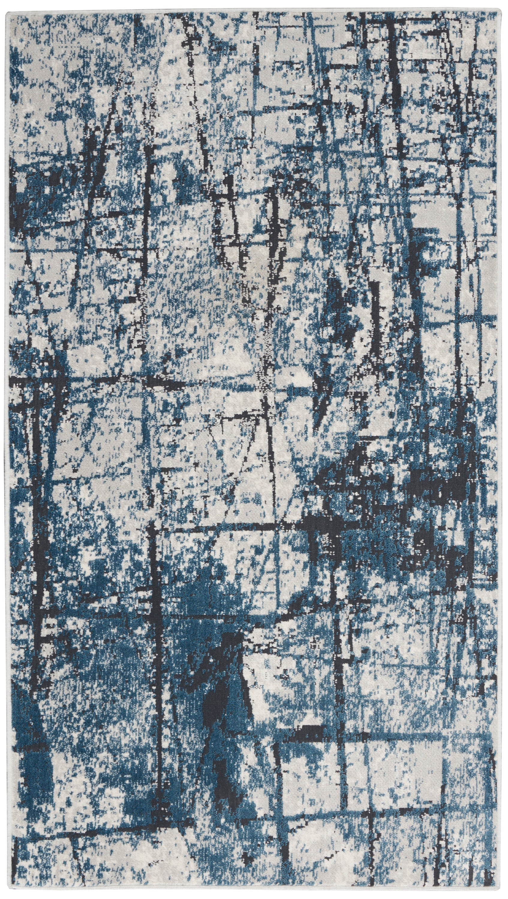 Rectangular abstract blue and ivory area rug with irregular grid pattern; modern geometric floor covering.