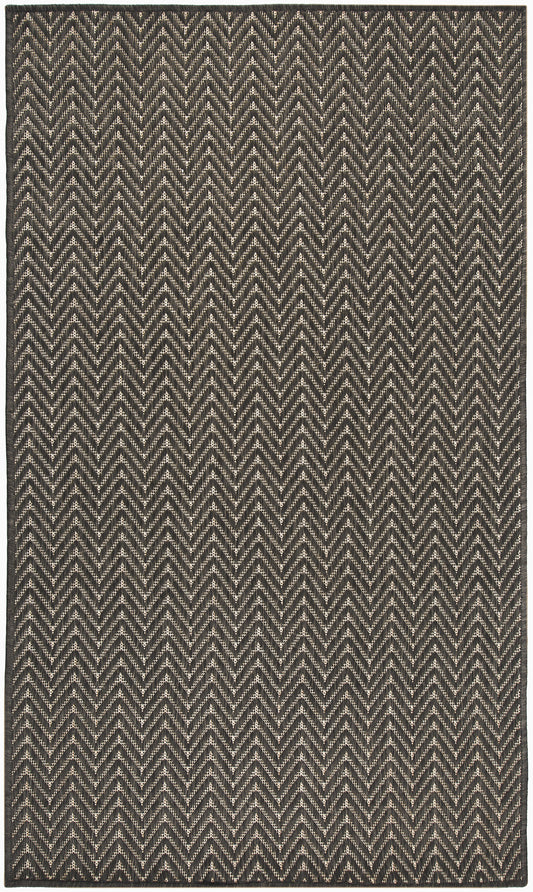 Rectangular woven rug in black & cream with a bold chevron zigzag pattern, textured geometric style.
