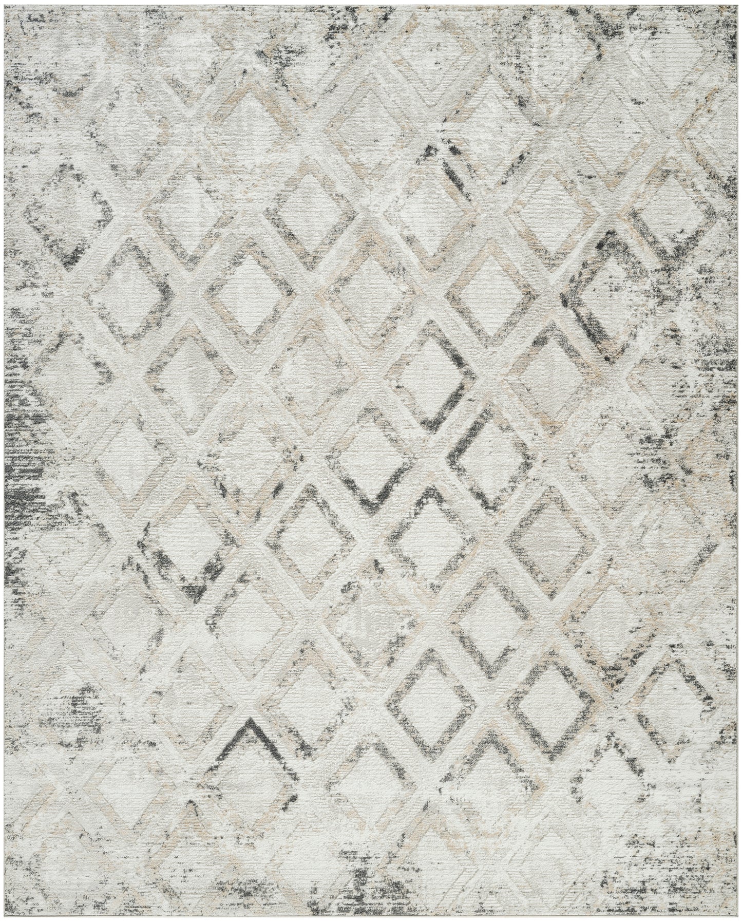 Neutral-toned area rug with distressed cream and gray diamond lattice pattern; modern geometric style.