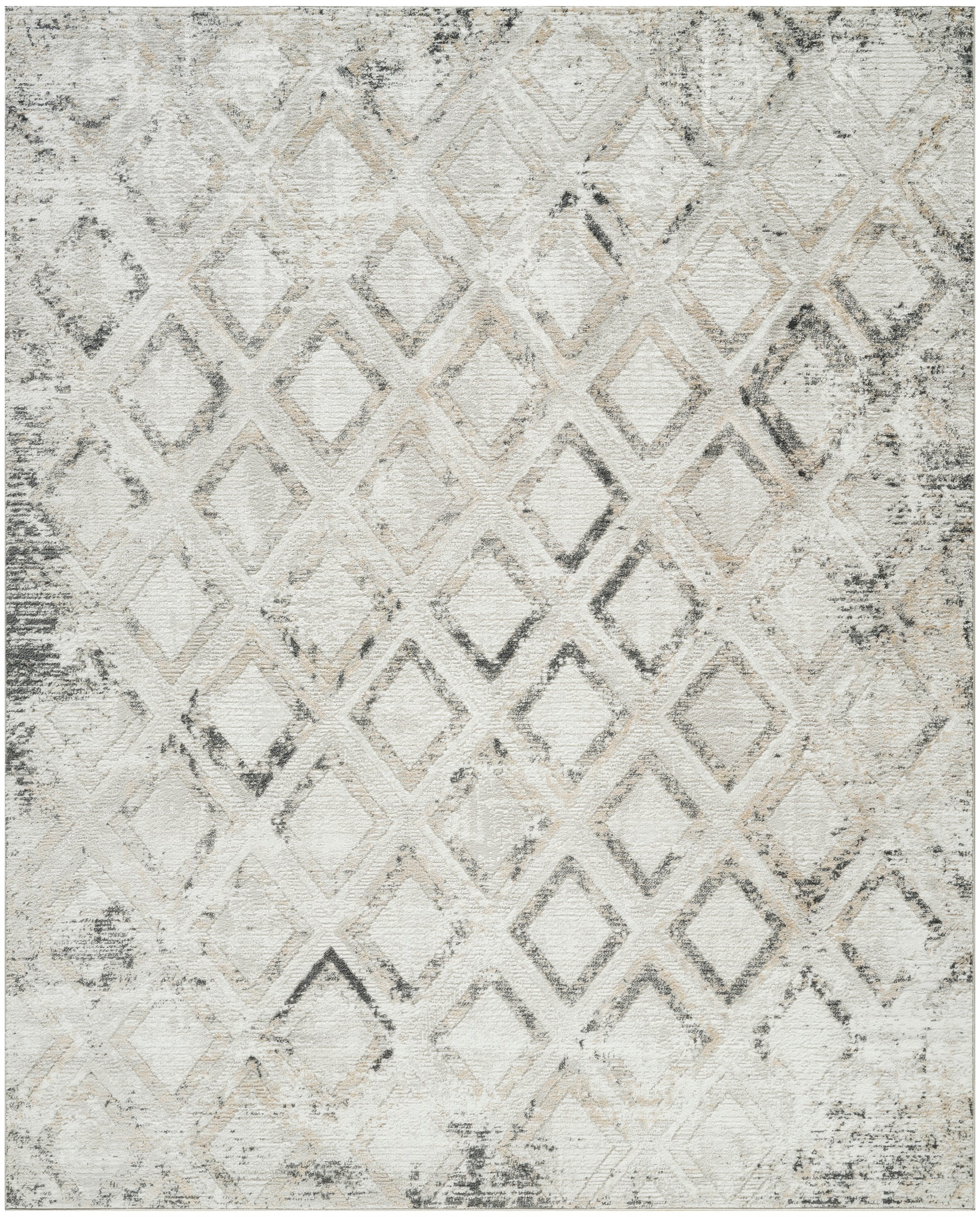 Neutral-toned area rug with distressed cream and gray diamond lattice pattern; modern geometric style.