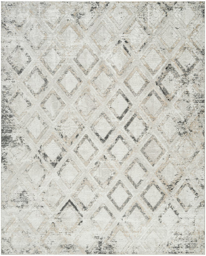 Neutral-toned area rug with distressed cream and gray diamond lattice pattern; modern geometric style.