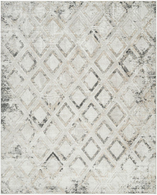 Neutral-toned area rug with distressed cream and gray diamond lattice pattern; modern geometric style.