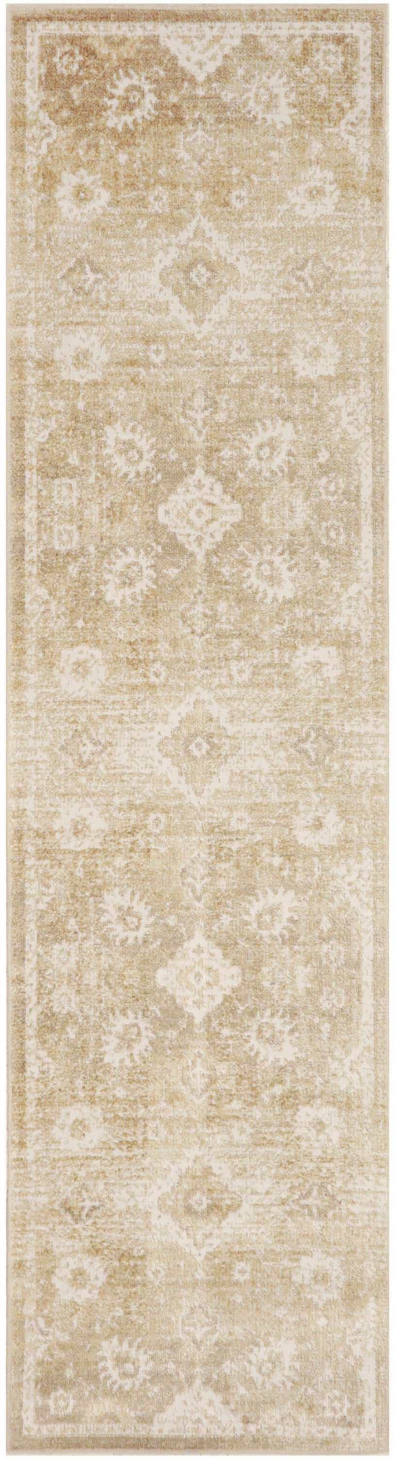 Beige oriental-style runner rug with ivory medallion motifs and subtle border; ideal hallway decor.