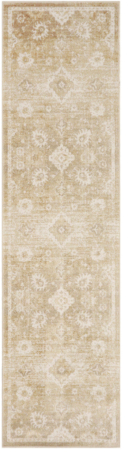 Beige oriental-style runner rug with ivory medallion motifs and subtle border; ideal hallway decor.