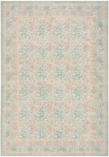 Pastel floral area rug in mint & peach with ornate border and repeating vine motifs.