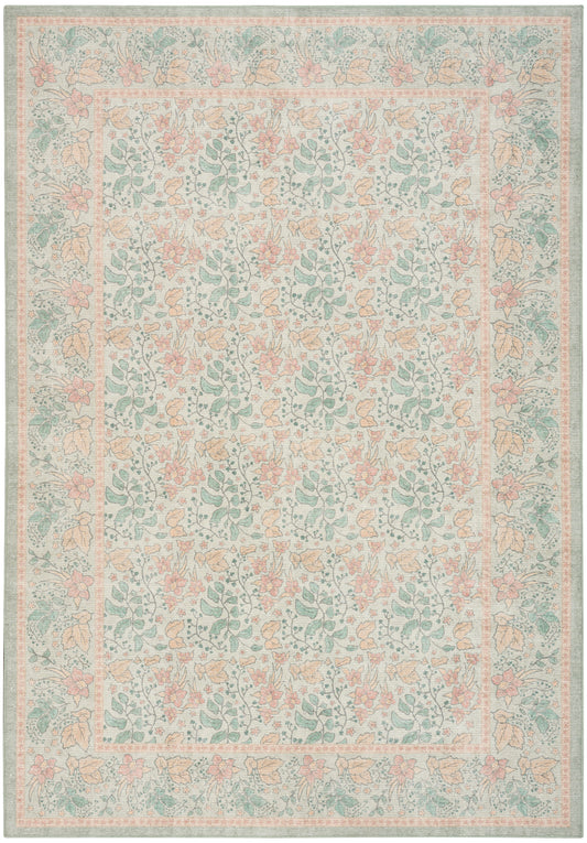 Pastel floral area rug in mint & peach with ornate border and repeating vine motifs.