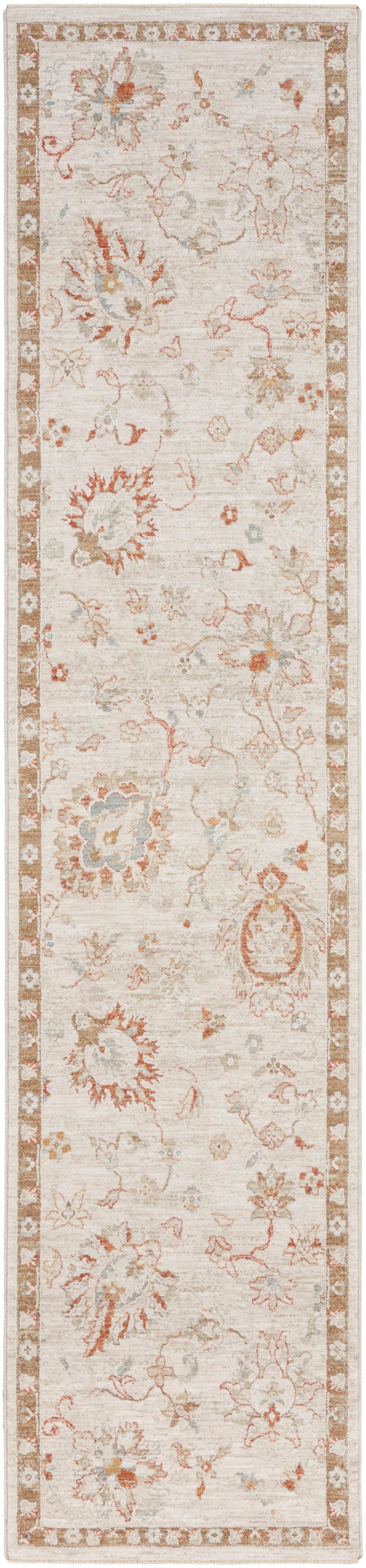 Rectangular cream vintage-style floral runner rug with muted peach, blue and tan blossoms and a tan border.