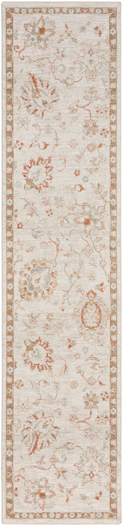 Rectangular cream vintage-style floral runner rug with muted peach, blue and tan blossoms and a tan border.