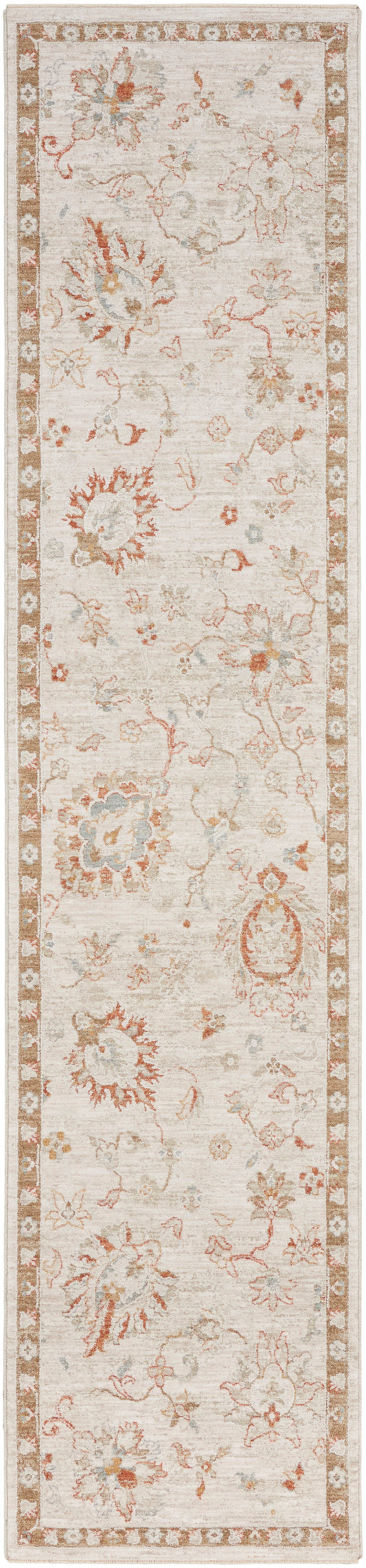 Rectangular cream vintage-style floral runner rug with muted peach, blue and tan blossoms and a tan border.