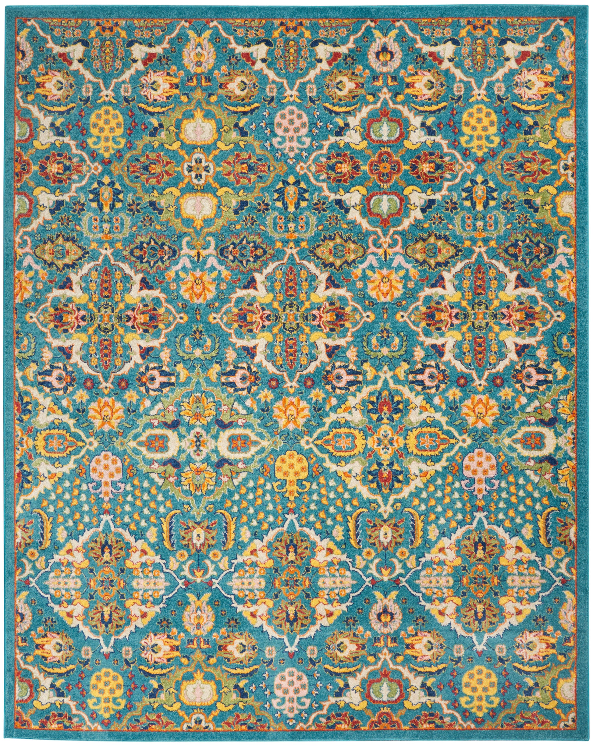 Teal oriental rug with intricate multicolor floral medallion pattern in gold, orange, pink, and white; rectangular area rug.