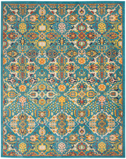 Teal oriental rug with intricate multicolor floral medallion pattern in gold, orange, pink, and white; rectangular area rug.