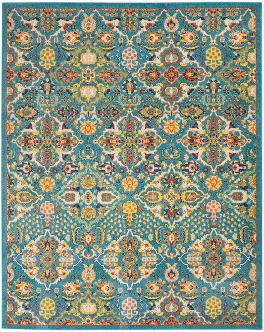 Teal oriental rug with intricate multicolor floral medallion pattern in gold, orange, pink, and white; rectangular area rug.