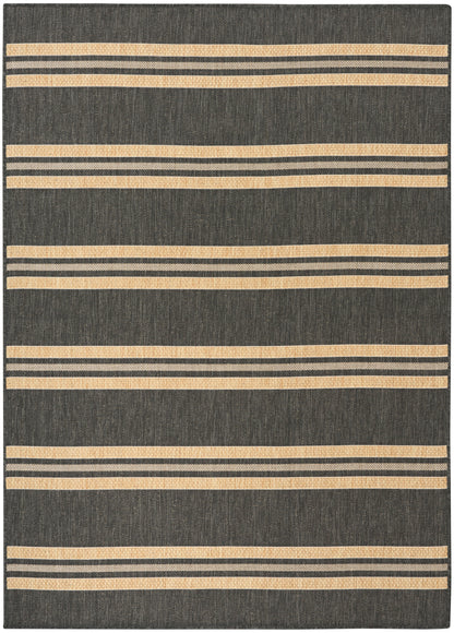 Charcoal flat-weave rug with horizontal beige speckled stripes of varying thickness; modern striped design.