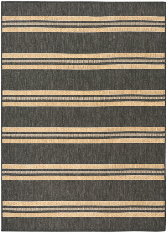 Charcoal flat-weave rug with horizontal beige speckled stripes of varying thickness; modern striped design.