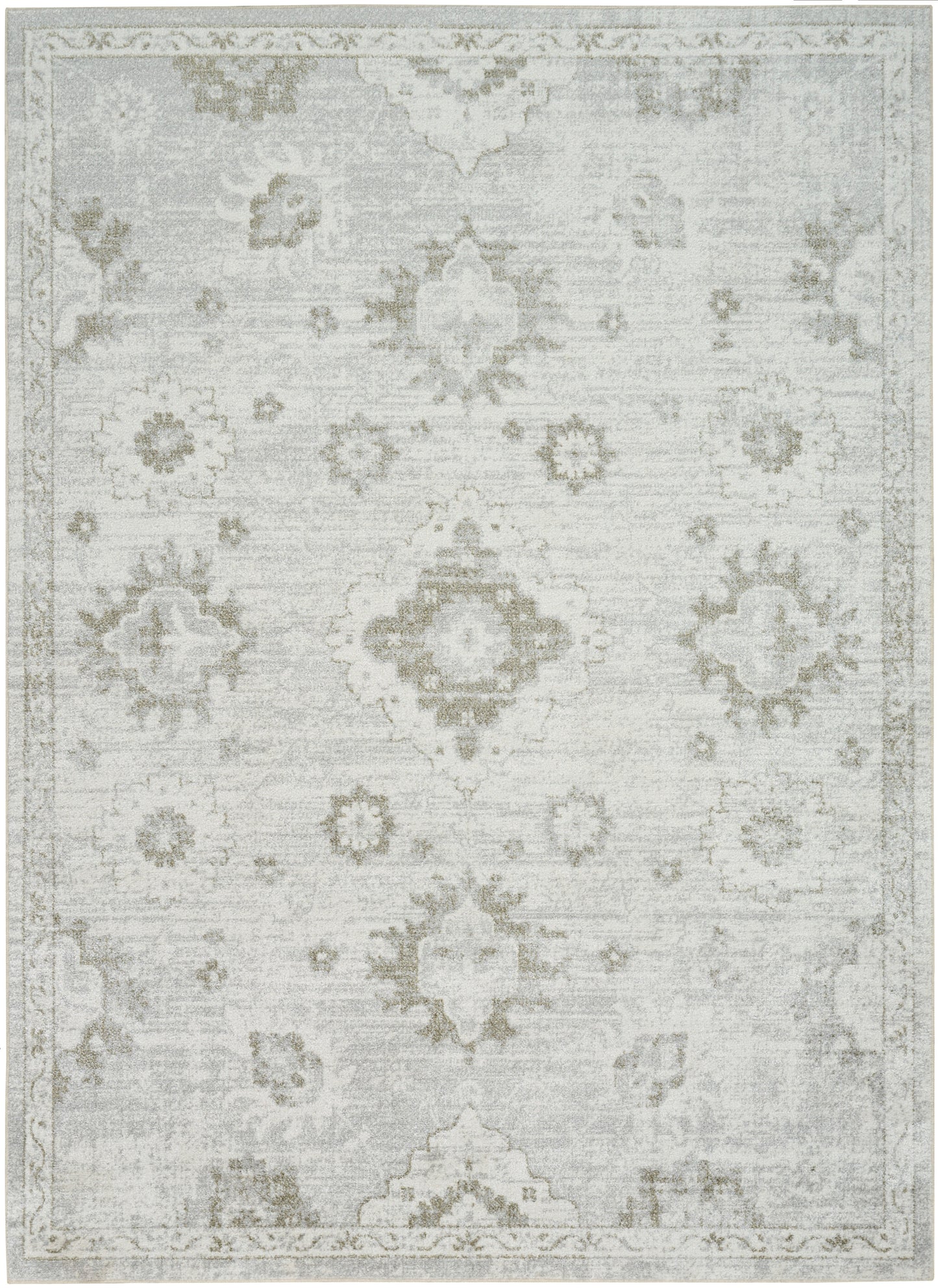 Light gray distressed traditional area rug with cream-taupe medallions and ornate border, soft antique vibe.