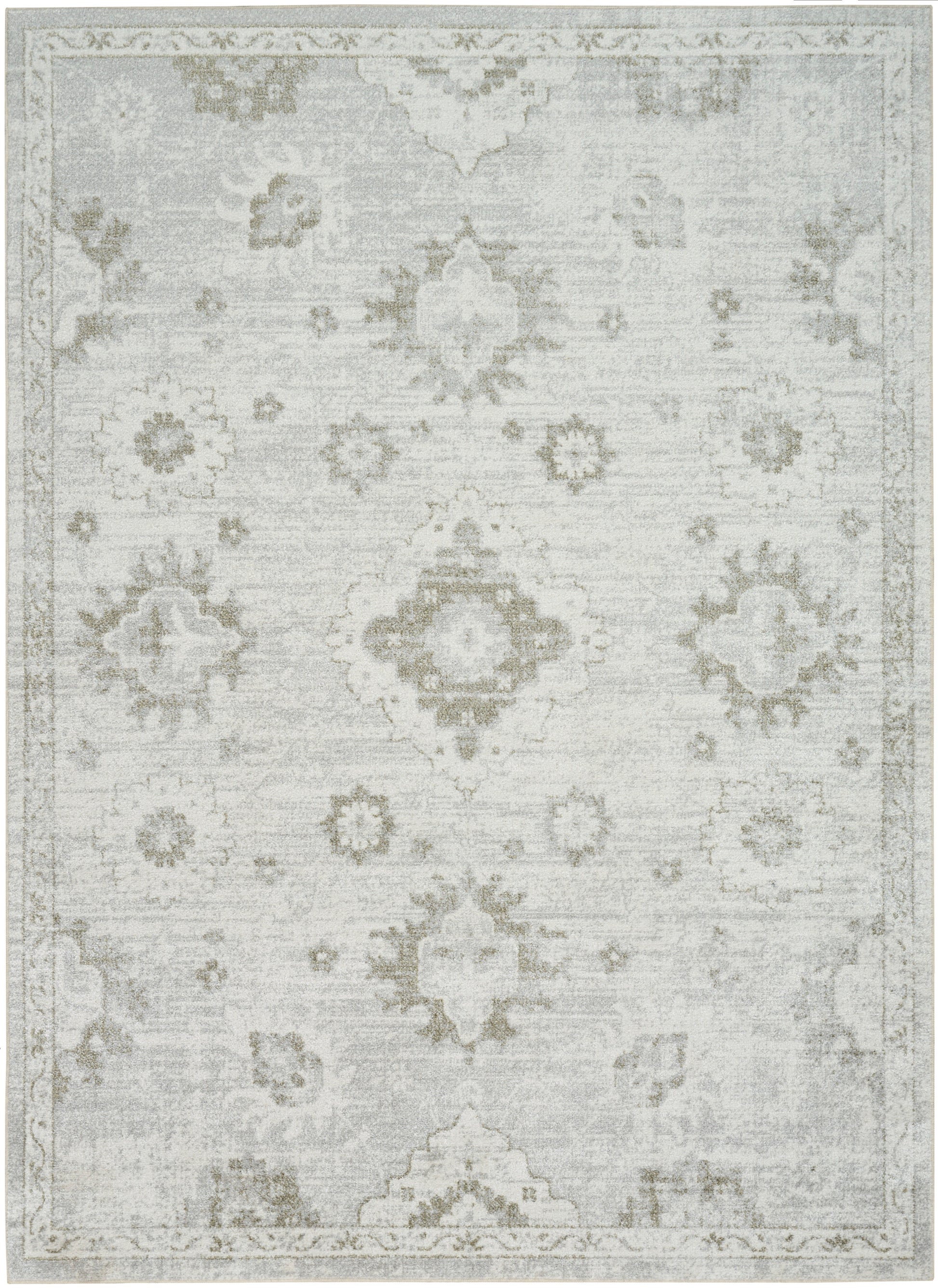 Light gray distressed traditional area rug with cream-taupe medallions and ornate border, soft antique vibe.