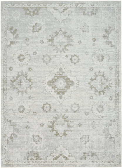 Light gray distressed traditional area rug with cream-taupe medallions and ornate border, soft antique vibe.