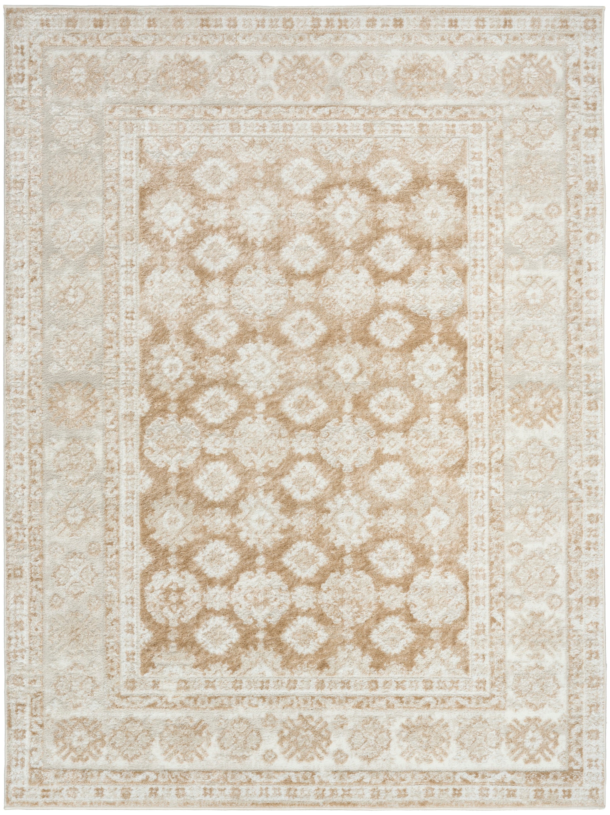 Ivory and camel-toned oriental rug with a central lattice of floral rosettes and decorative borders.