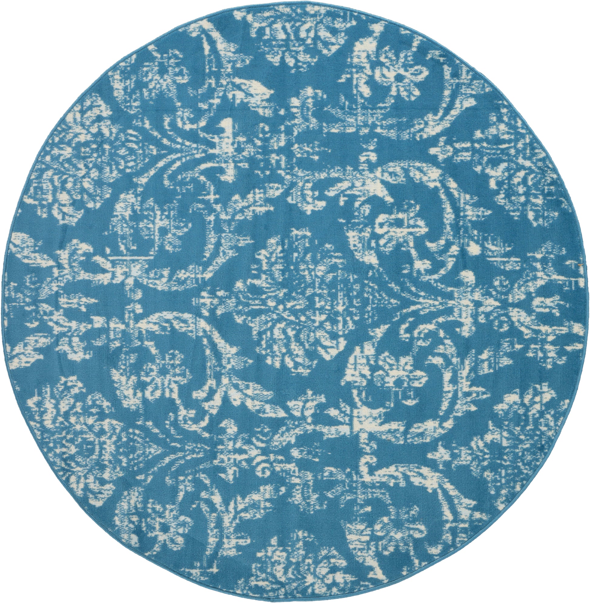Round teal rug with an intricate cream damask floral pattern, 5' diameter.