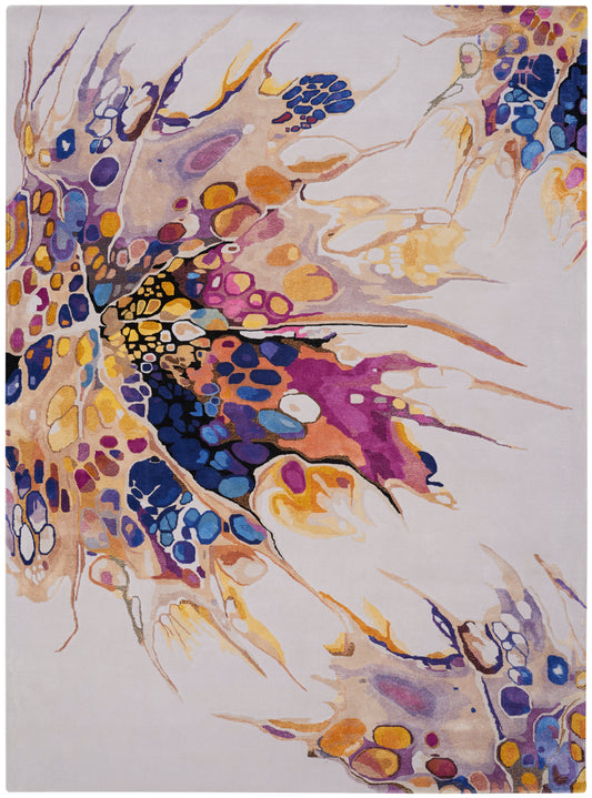 Abstract vibrant area rug with a floral-like splash of blues, purples, yellows, pinks on a pale background.