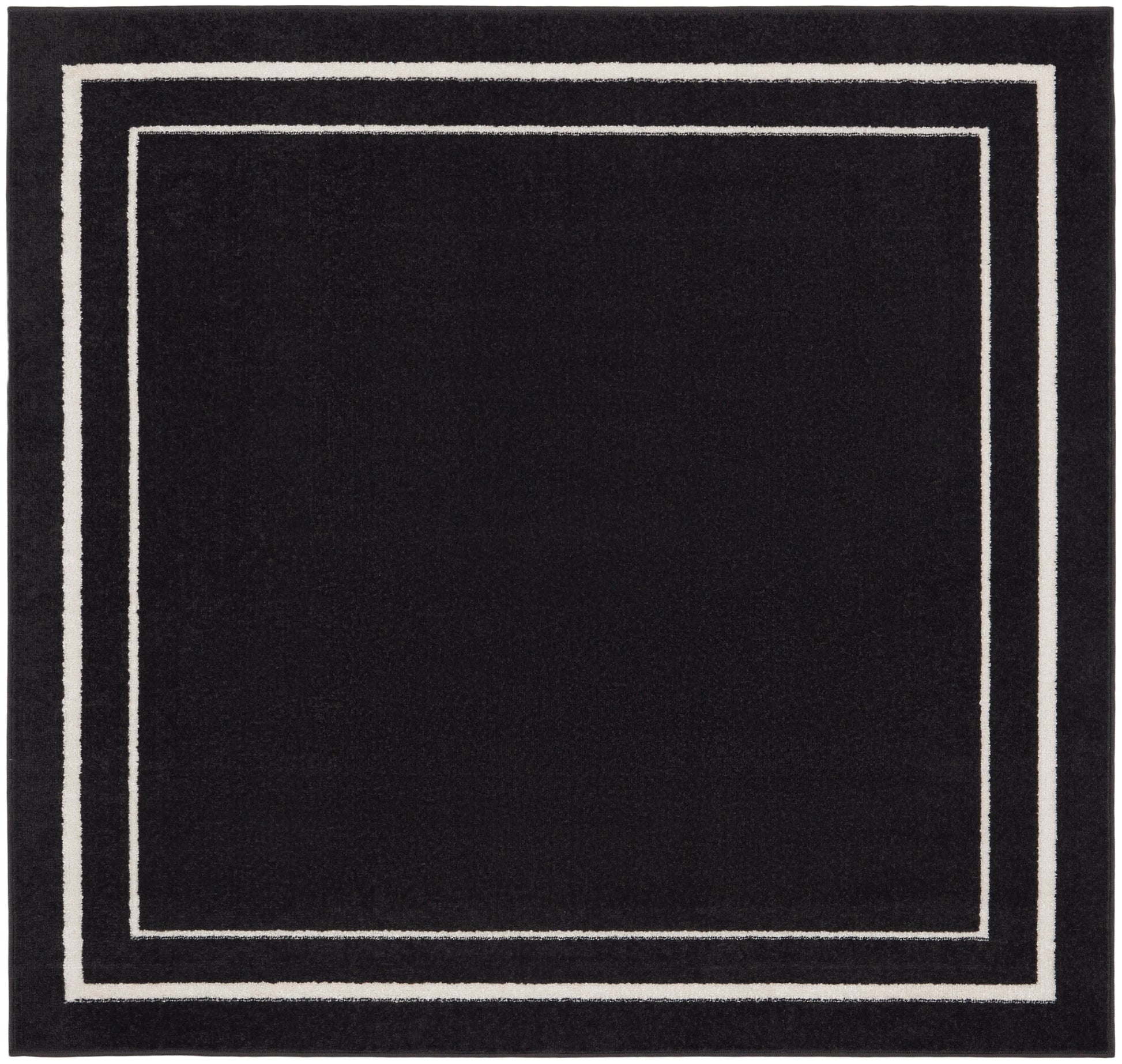 Black square rug with white nested square borders along the edge, modern minimalist geometric design.