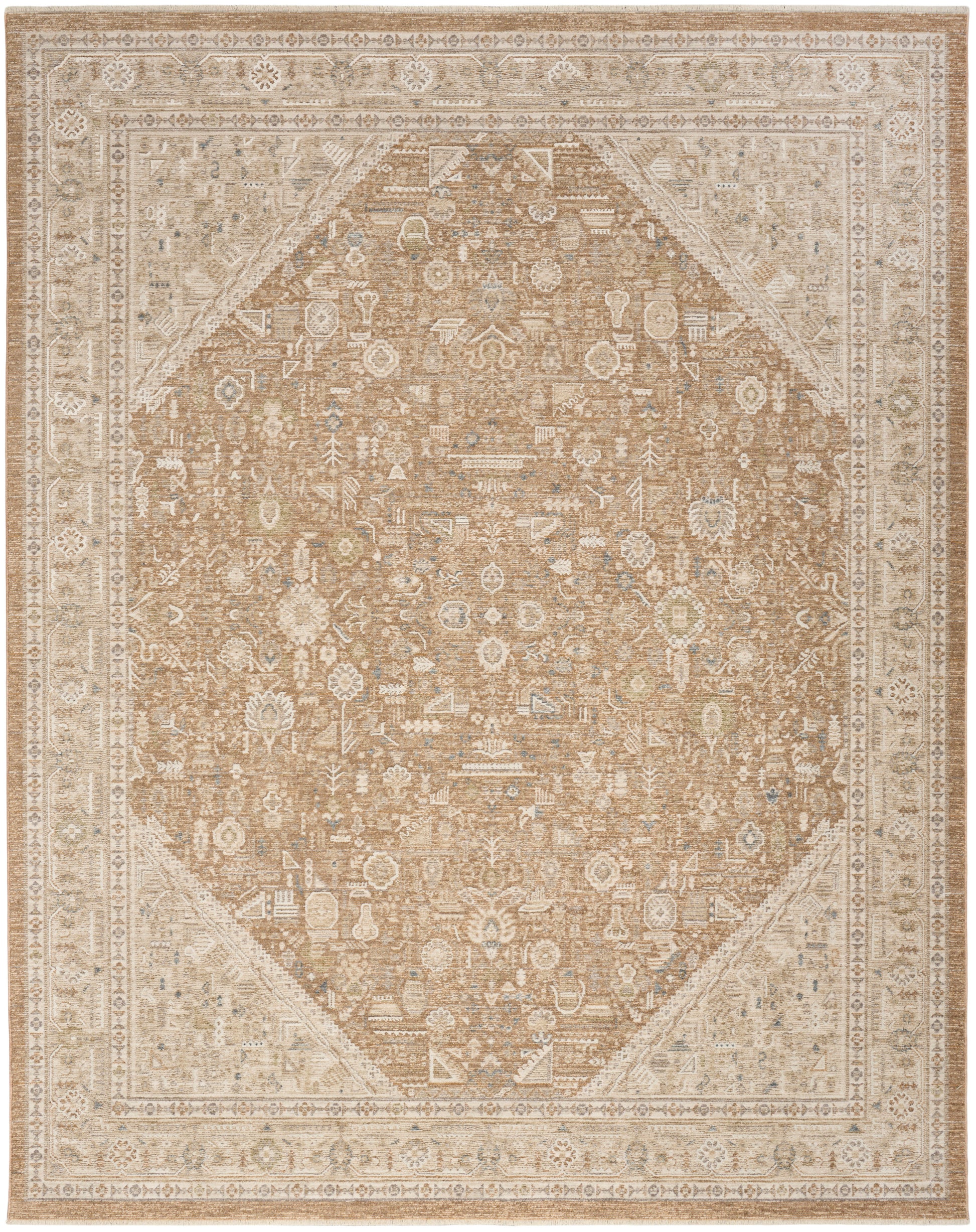 Distressed beige oriental rug with ivory border, intricate floral motifs, soft blue accents, rectangular shape.