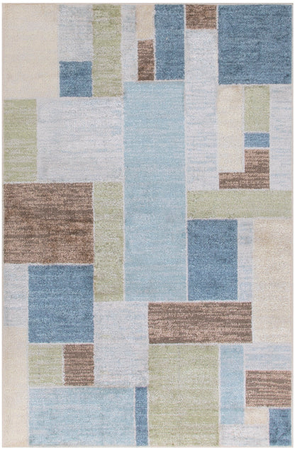 Geometric patchwork area rug with pastel blues, greens, beiges and browns in a rectangular grid.