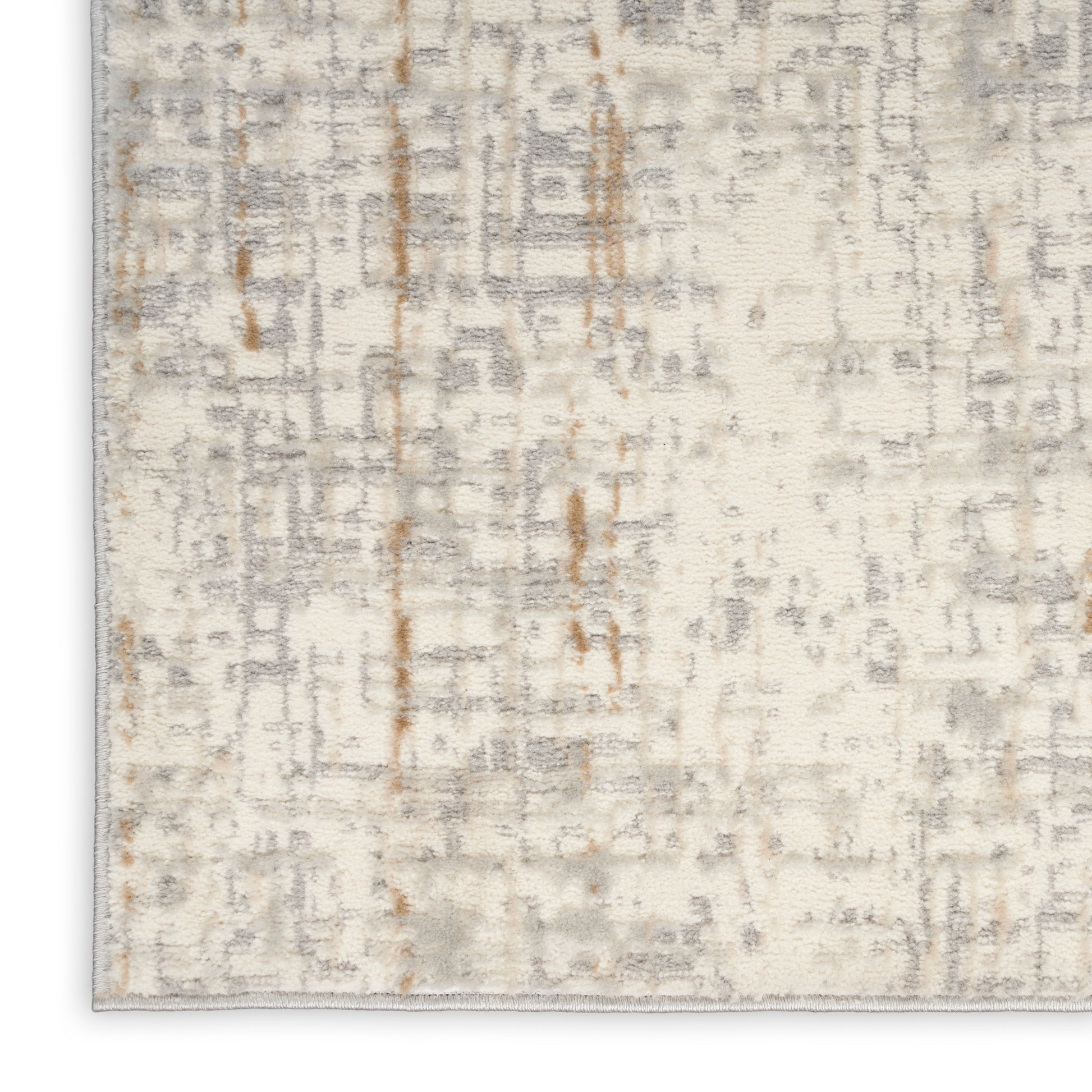 Abstract distressed rug in cream, gray and tan with subtle orange vertical accents; modern geometric pattern, plush pile.