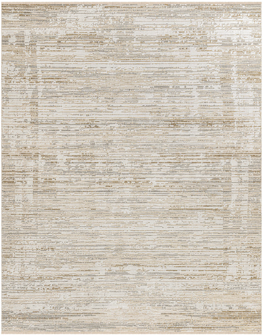 Rectangular beige distressed rug with abstract horizontal stripes in ivory, taupe and tan; modern rustic.